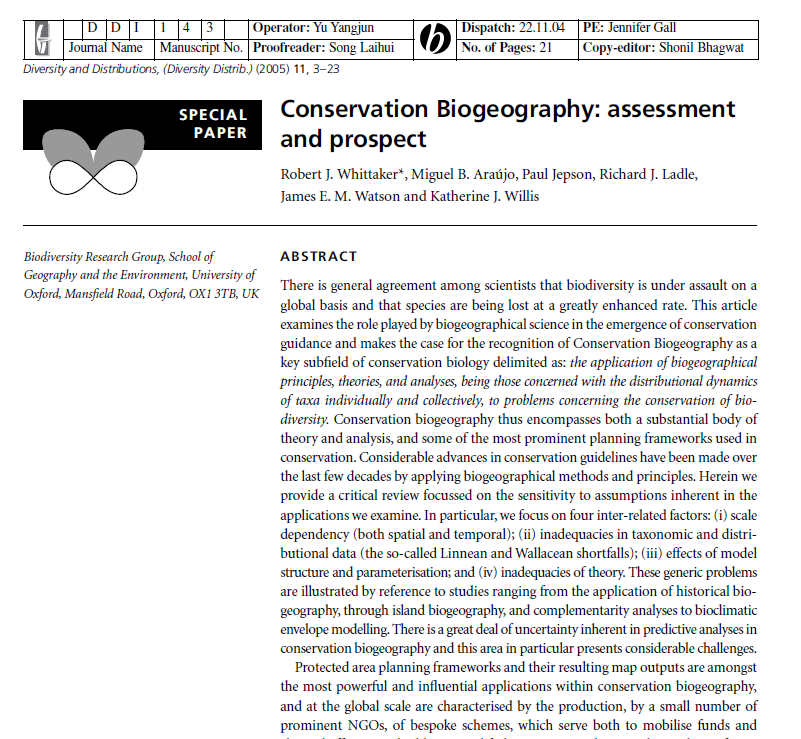 Conservation Biogeography: assessment and prospect