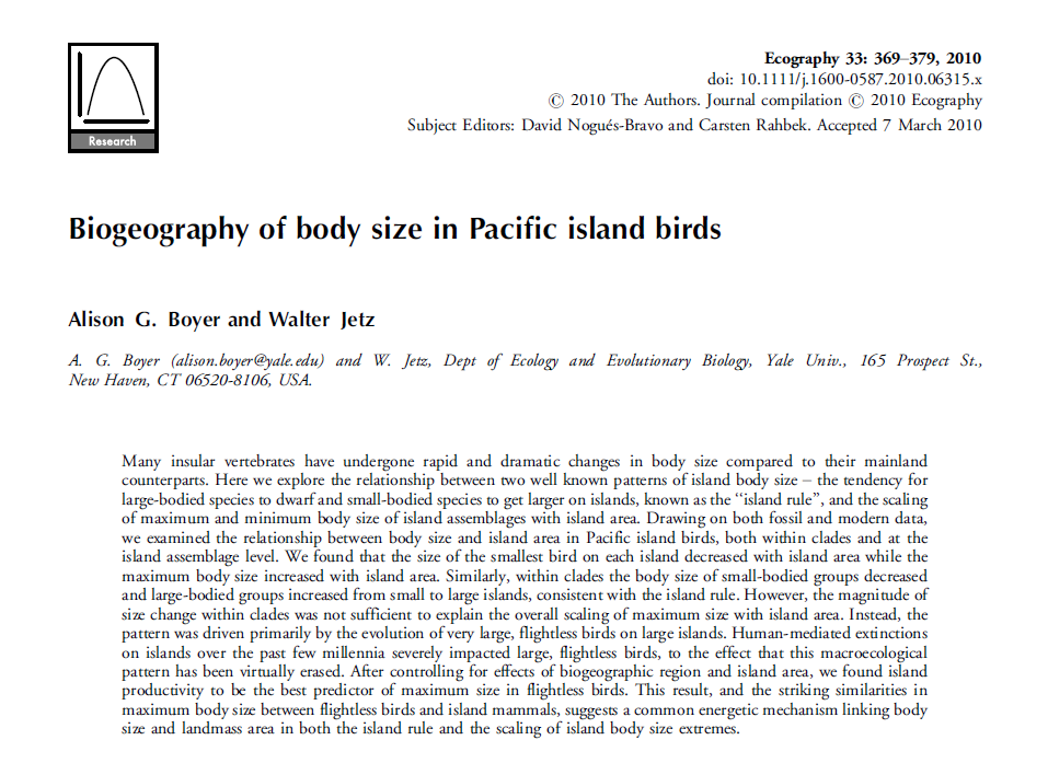 Biogeography of body size in Pacific island birds